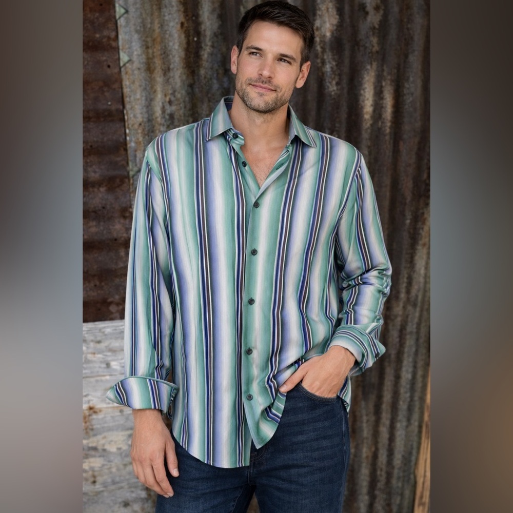 Tommy Bahama Striped Button Front-Green & Blue- Size Medium
